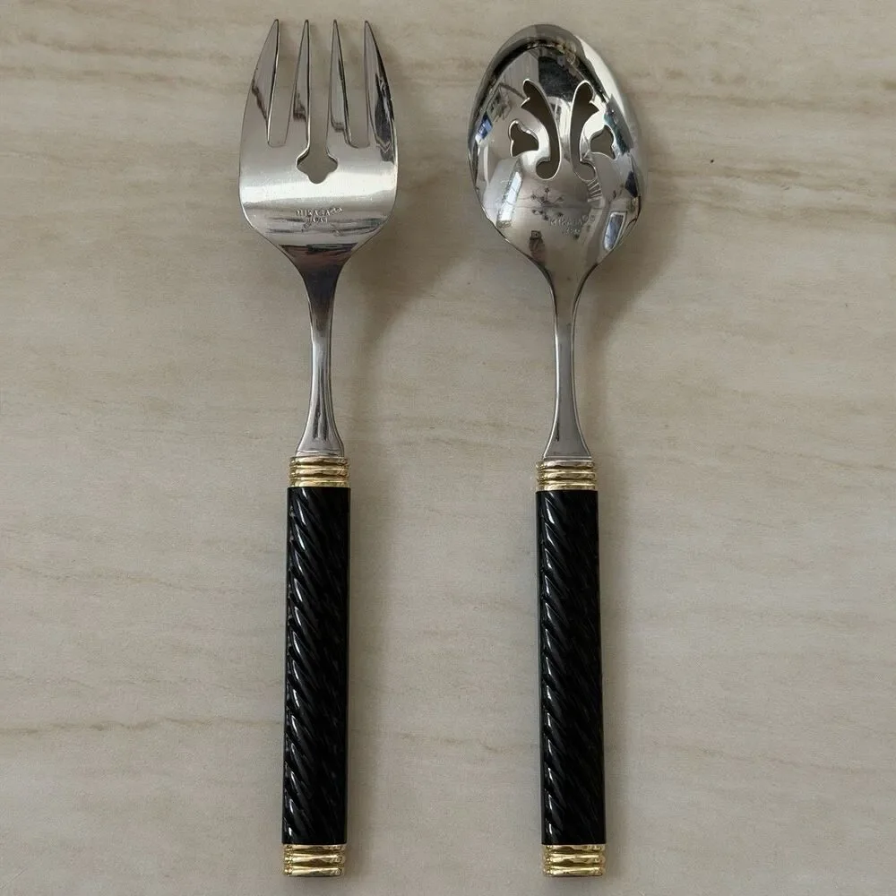 25pc MIKASA Braid-Onyx Laslo Flatware Set Black HDL Metallics Gold Acc., Stnls
